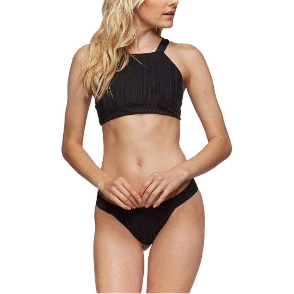 NWOT Anthropologie Tavik Black Ribbed High Neck Tie Back Swim Bikini Top S Beach